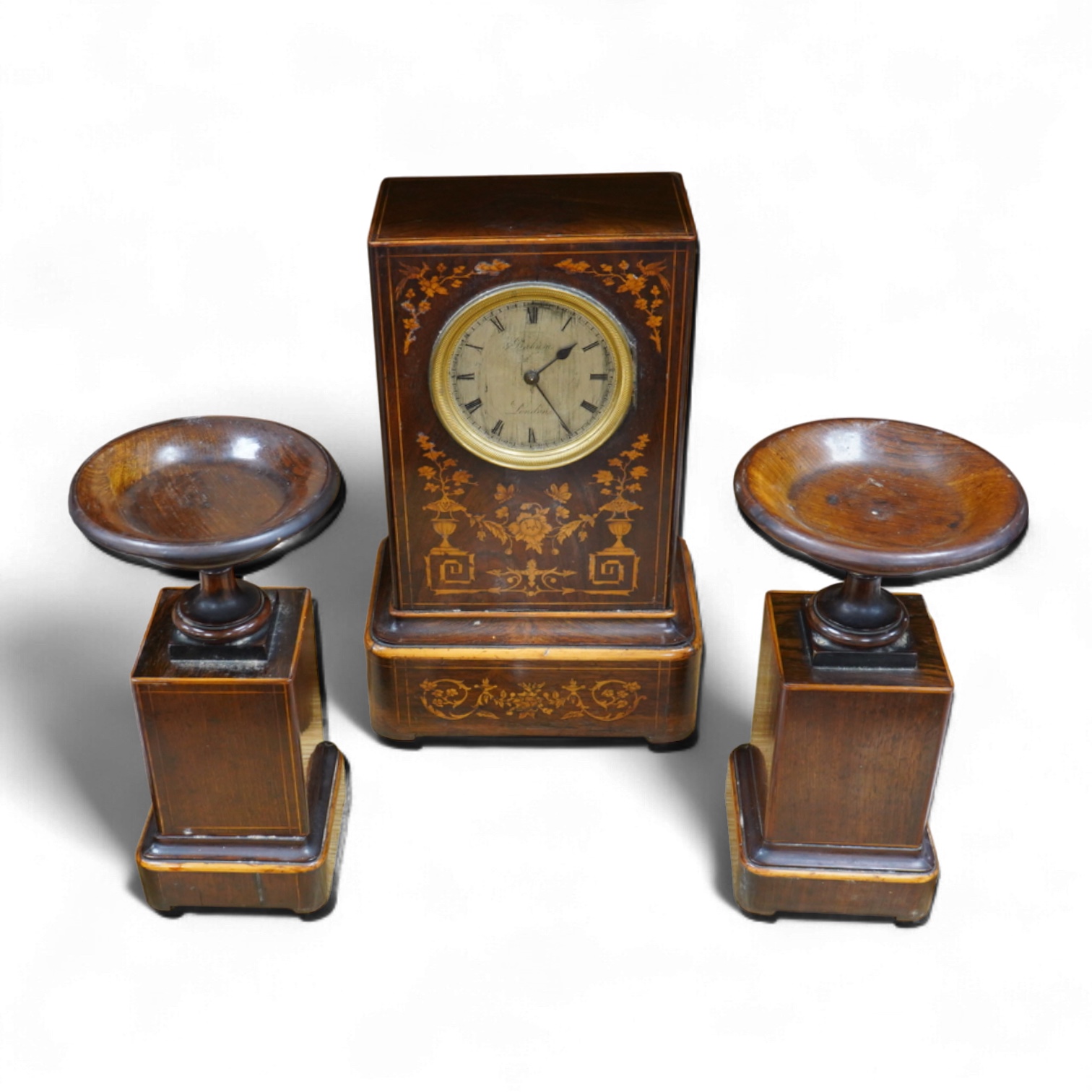 A late 19th century rosewood marquetry clock garniture by Graham, London, 35cm